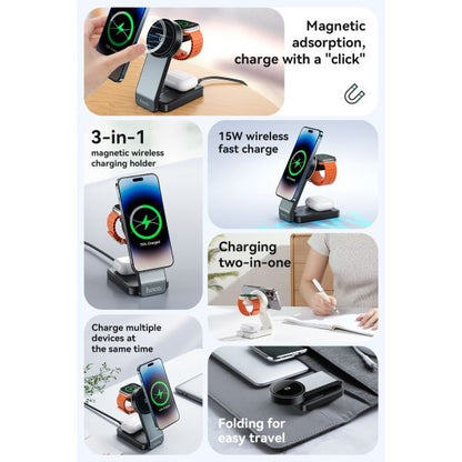 hoco. CQ3 15W Motorcycle Folding 3 in 1 Mag Fast Wireless Charger (MagSafe Compatible) - Black