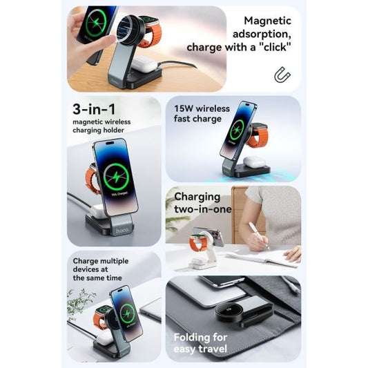hoco. CQ3 15W Motorcycle Folding 3 in 1 Mag Fast Wireless Charger (MagSafe Compatible) - Black