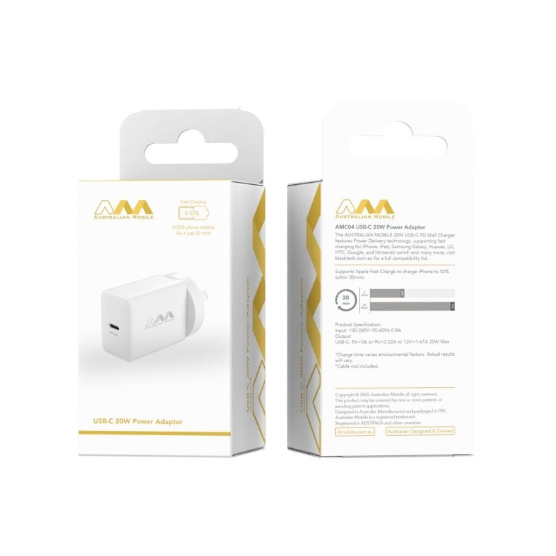 Australian Mobile AMC04 USB-C 20W Power Adapter - White (SAA APPROVED Australia Safety Product)